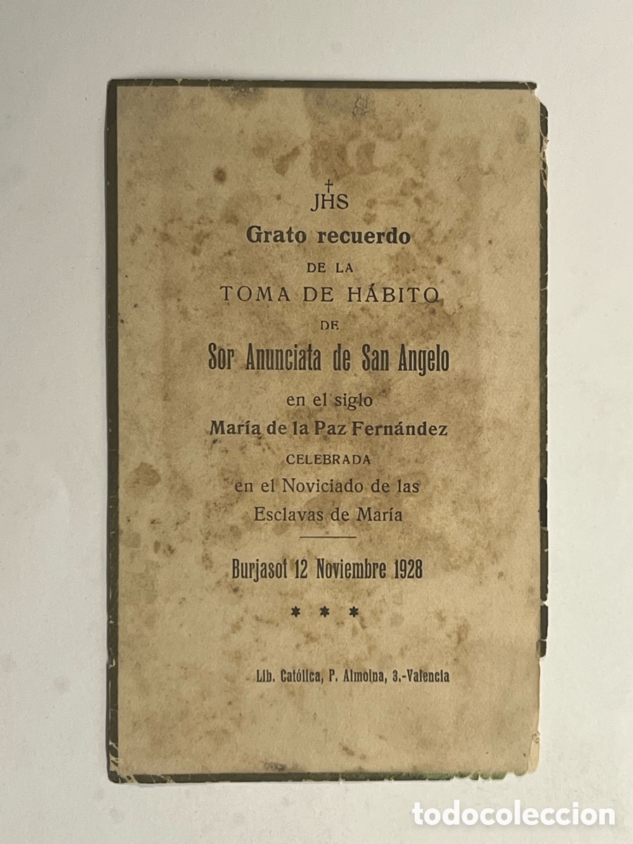 Postais: Grato recuerdo de la Toma de H&aacute;bito de Sor Anunciata de San Angelo. Burjassot (a.1928)