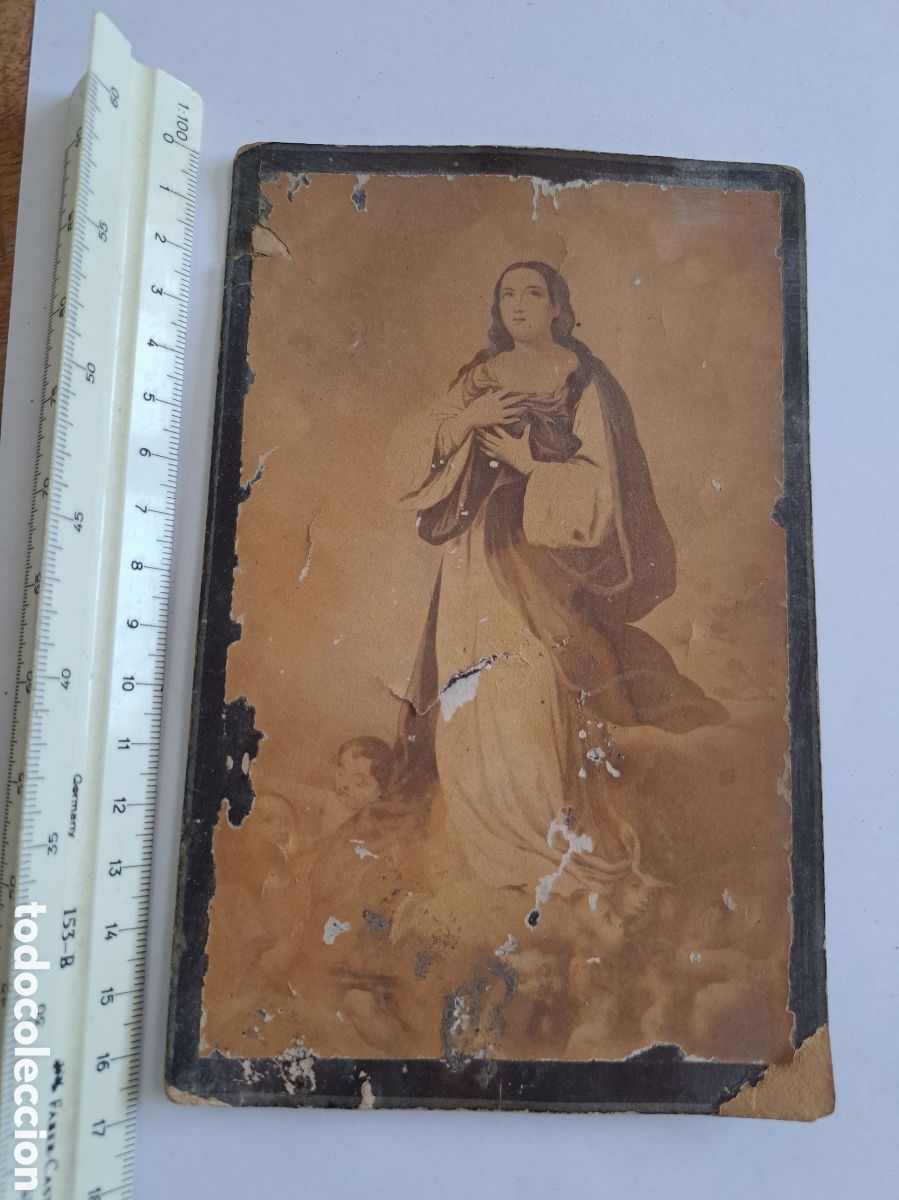 Postales: Jml Estampa foto cart&oacute;n duro Virgen Santa adorando con &Aacute;ngeles. Estampa religiosa.