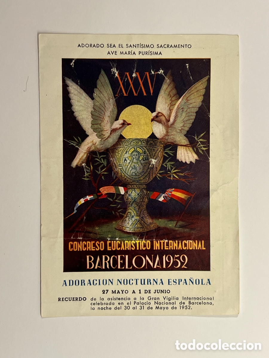 Postales: CONCRESO EUCARISTICO INTERNACIONAL BARCELONA 1952. Diptico a color..