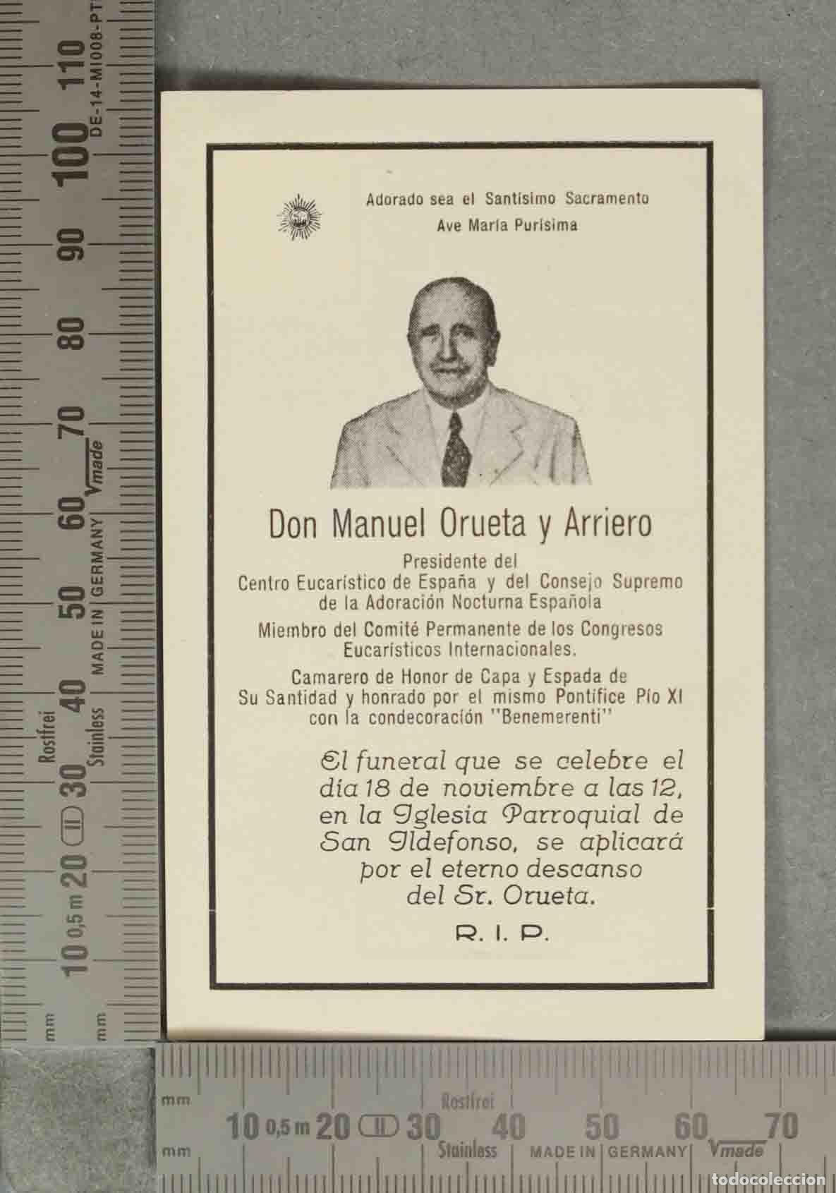 Postales: ESQUELA. Recordatorio Manuel Orueta Arriero - Presidente Adoraci&oacute;n Nocturna Espa&ntilde;ola