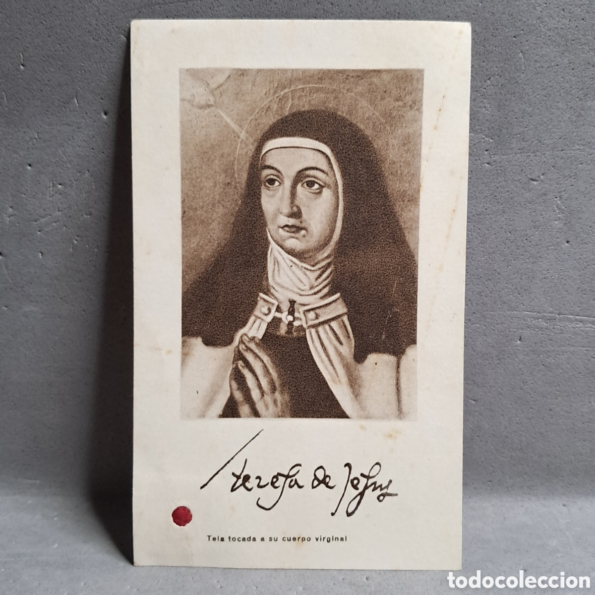 Postales: Antigua estampa de Santa Teresa de Jes&uacute;s con reliquia, tela tocada a su cuerpo virginal, a&ntilde;os 60