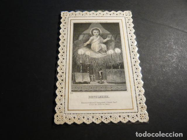 Postais: NI&Ntilde;O JESUS EN EL PESEBRE ANTIGUA ESTAMPA CALADA PUNTILLA CANIVET SIGLO XIX