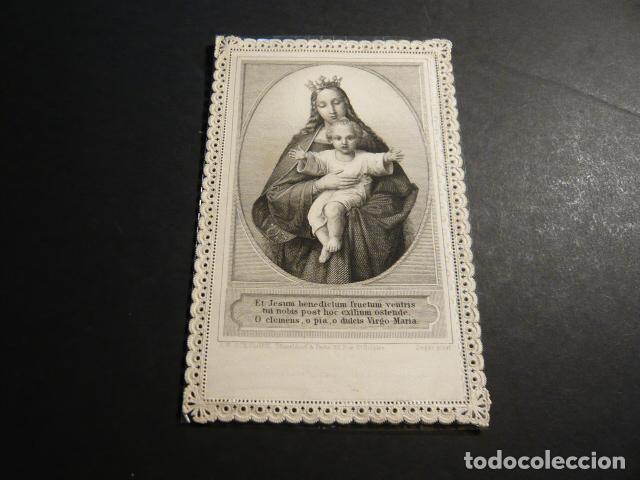 Cartoline: VIRGEN MARIA Y NI&Ntilde;O JESUS ANTIGUA ESTAMPA CALADA PUNTILLA CANIVET SIGLO XIX