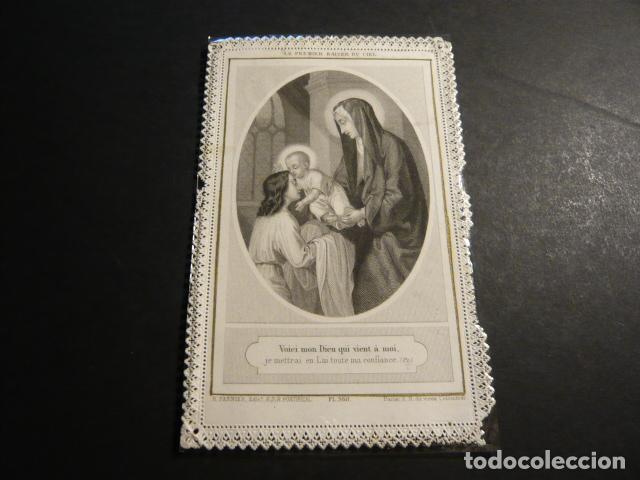 Cartoline: EL PRIMER BESO DEL CIELO ANTIGUA ESTAMPA CALADA PUNTILLA CANIVET SIGLO XIX