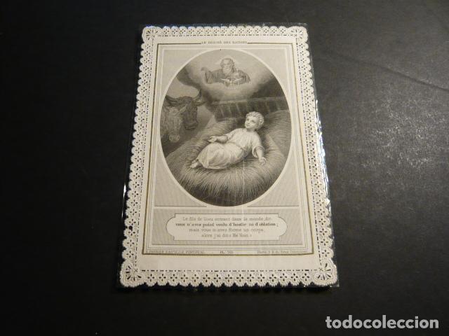 Postcards: NI&Ntilde;O JESUS EN EL PESEBRE ANTIGUA ESTAMPA CALADA PUNTILLA CANIVET SIGLO XIX