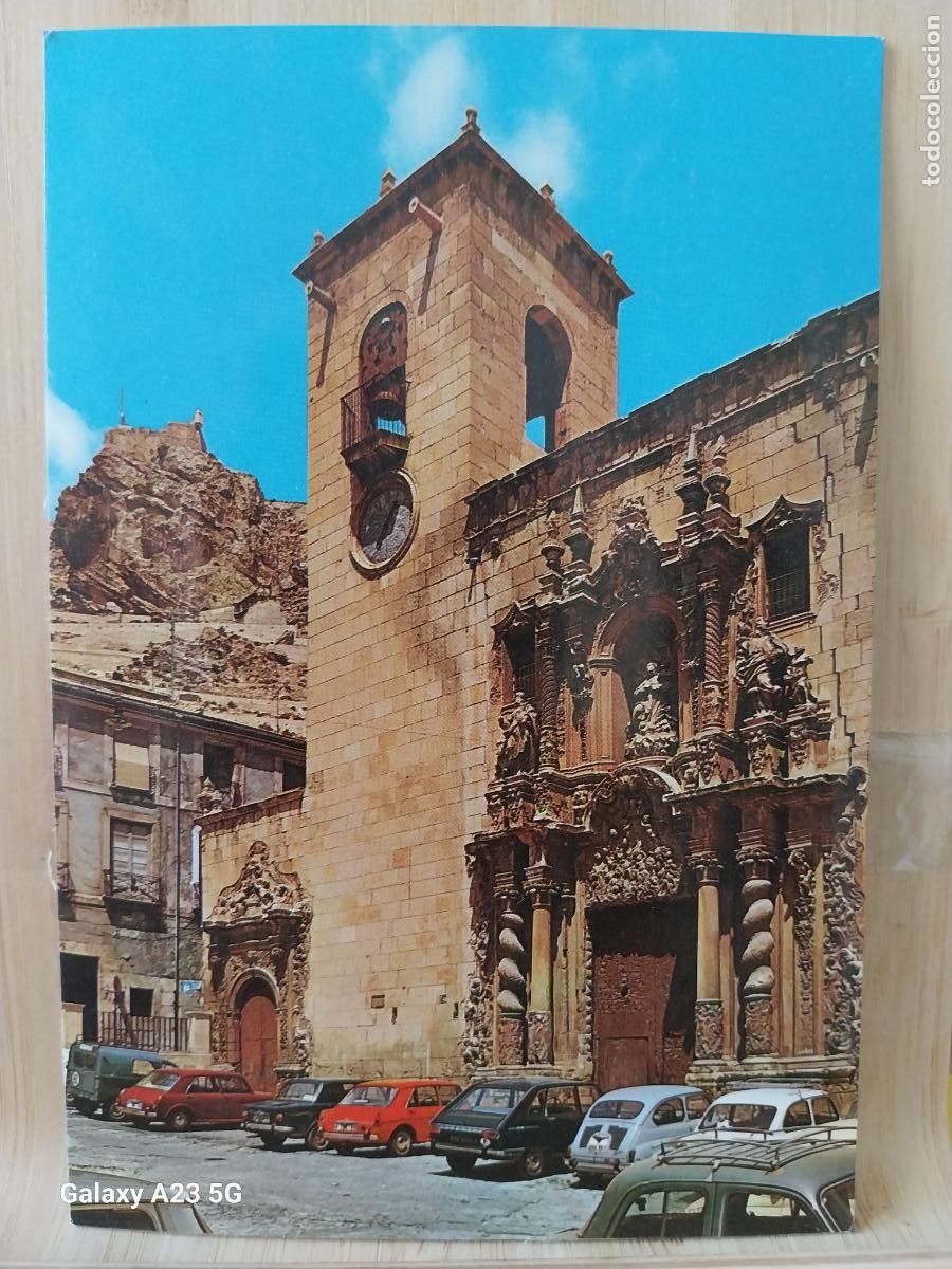 Postales: IGLESIA SANTA MARIA ALICANTE CASTILLO SANTA BARBARA ED JJ 137 ESCRITA COCHES CL&Aacute;SICOS
