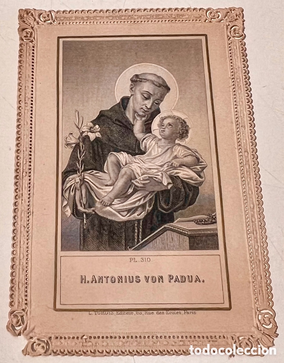Postales: Estampa Religiosa. H. Antonius Von Padua. Con Oraci&oacute;n en alem&aacute;n. Par&iacute;s. S. XIX.