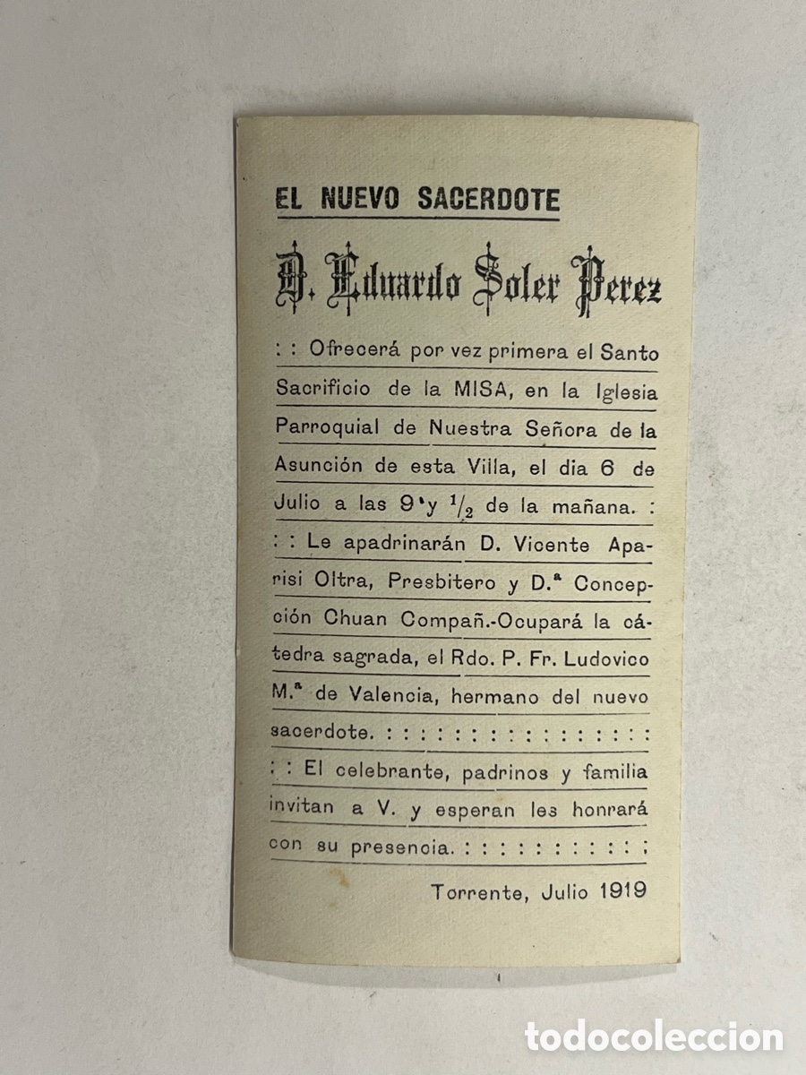 Postales: TORRENTE. Estampa Recuerdo Primera Misa.. D. Eduardo Soler P&eacute;rez. Ntra Sra de la Asunci&oacute;n (a.1919)