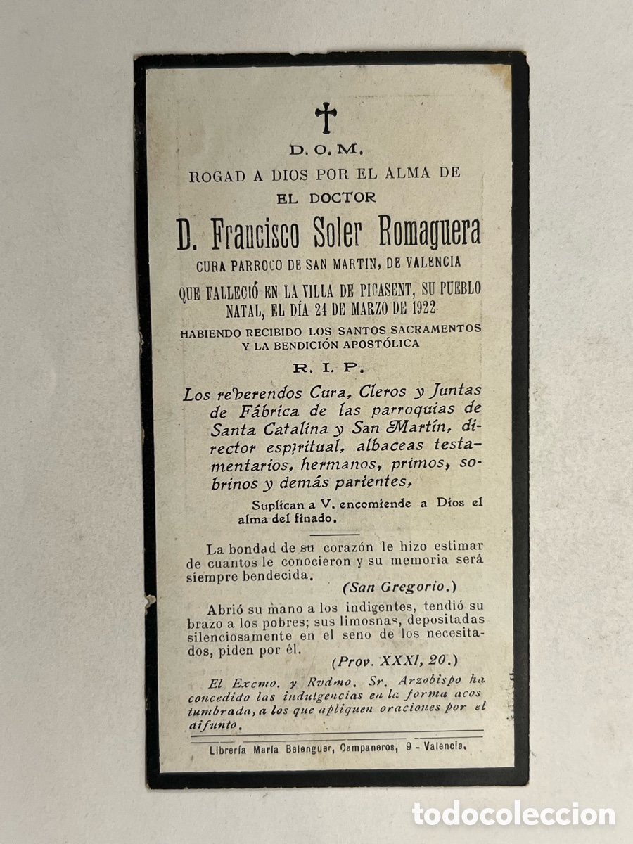 Postales: PICASENT (Valencia) Esquela recordatorio del Cura P&aacute;rroco D. Francisco Soler Romaguera (a.1922)