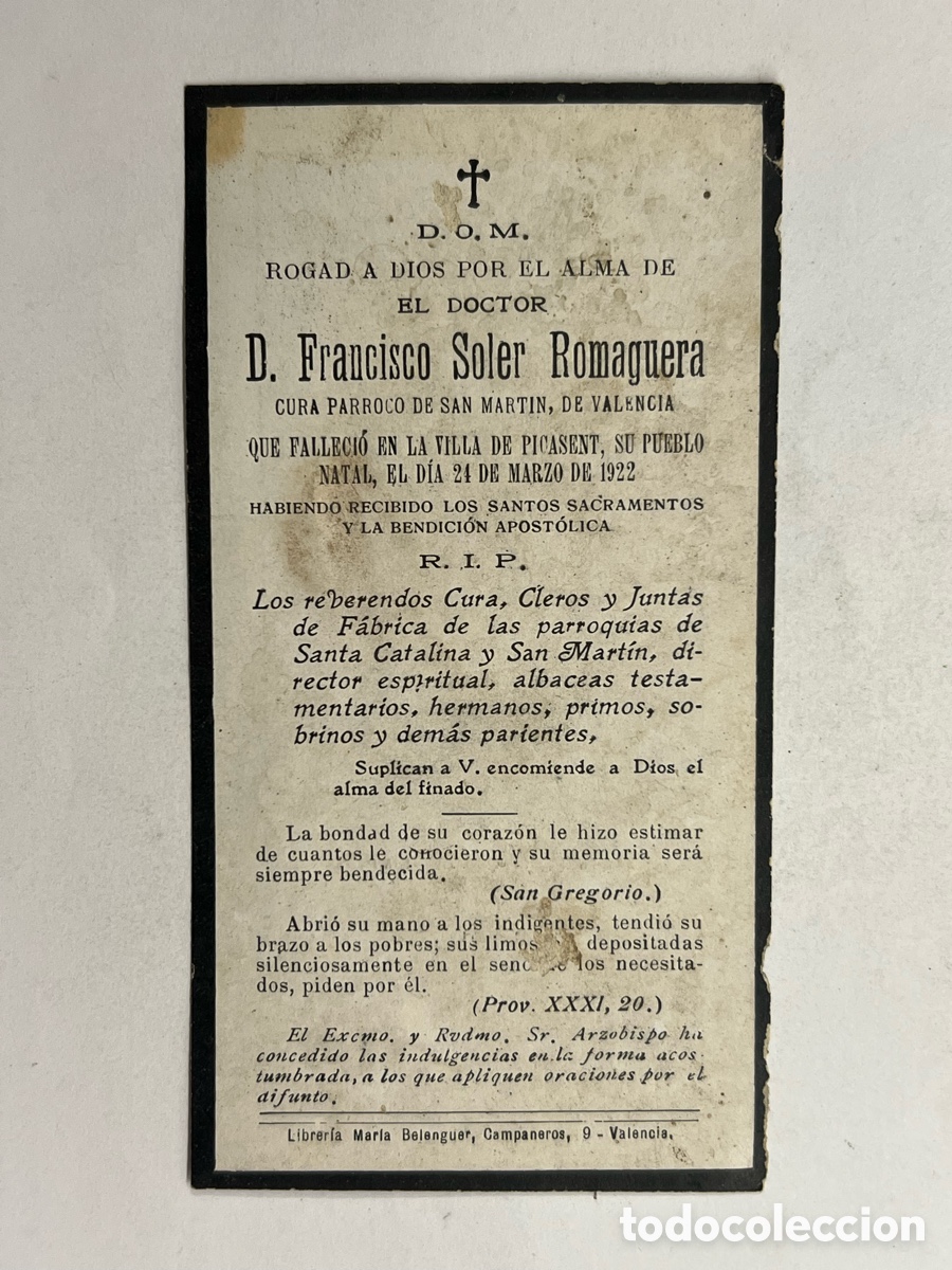 Postales: PICASENT (Valencia) Esquela recordatorio del Cura P&aacute;rroco D. Francisco Soler Romaguera (a.1922)