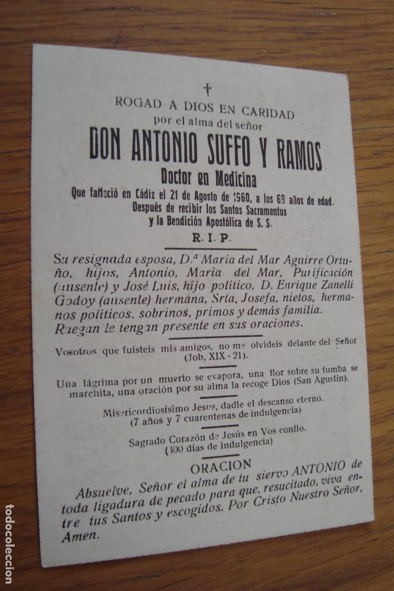 Postales: RECUERDO FUNERAL. D. ANTONIO SUFFO Y RAMOS. DOCTOR EN MEDICINA. CADIZ 1960.