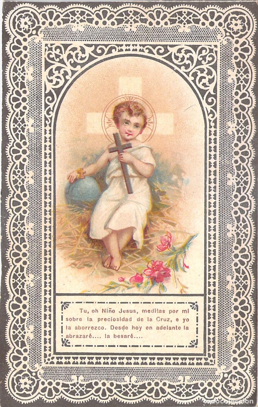Postales: Estampa Religiosa del Ni&ntilde;o Jes&uacute;s con Cruz y Borde de Encaje