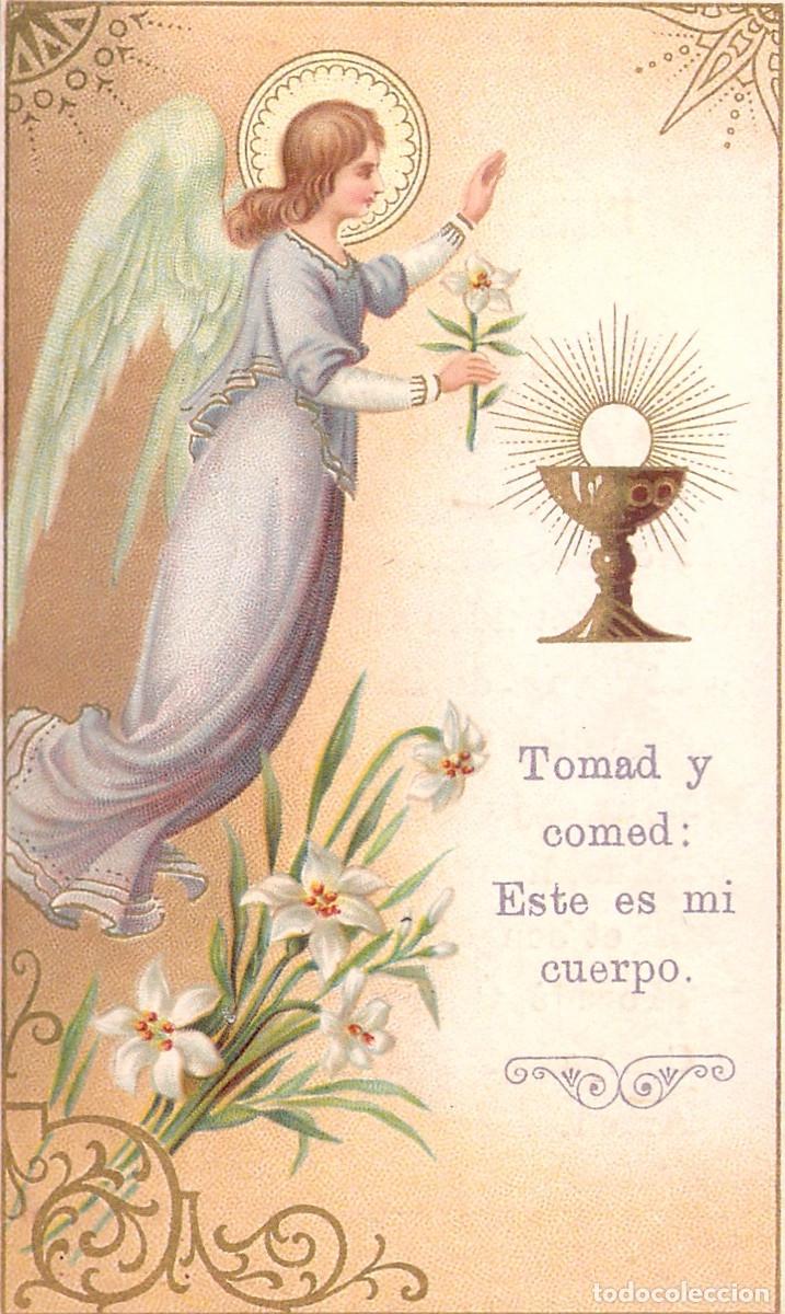 Postales: Estampa Religiosa &Aacute;ngel con C&aacute;liz y Hostia Himno al Sant&iacute;simo