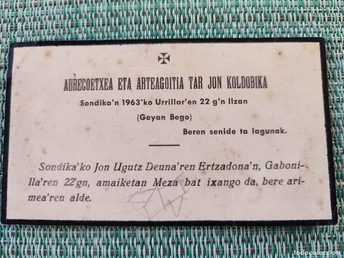Postales: TARJETA EN EUSKERA DE AGRADECIMIENTO DE FAMILIARES DE DIFUNTO DE SONDIKA 1963