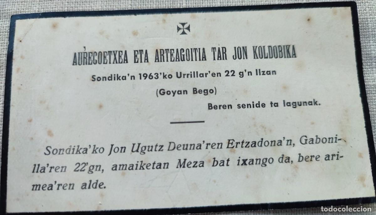 Postales: TARJETA EN EUSKERA DE AGRADECIMIENTO DE FAMILIARES DE DIFUNTO DE SONDIKA 1963