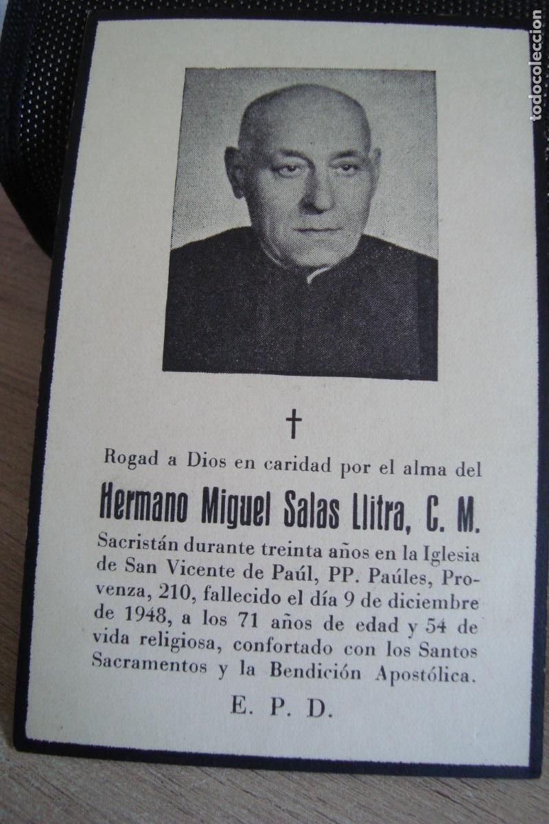 Postales: RECUERDO FUNERAL HERMANO MIGUEL SALAS LLITRA. IGLESIA SAN VICENTE PAUL 1948.