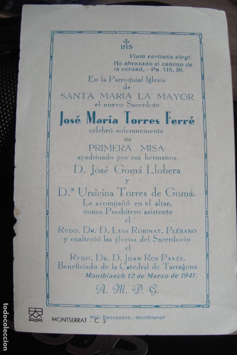 Postales: RECUERDO PRIMERA MISA. JOSE MARIA TORRES FERRE. MONTBLANC TARRAGONA 1941