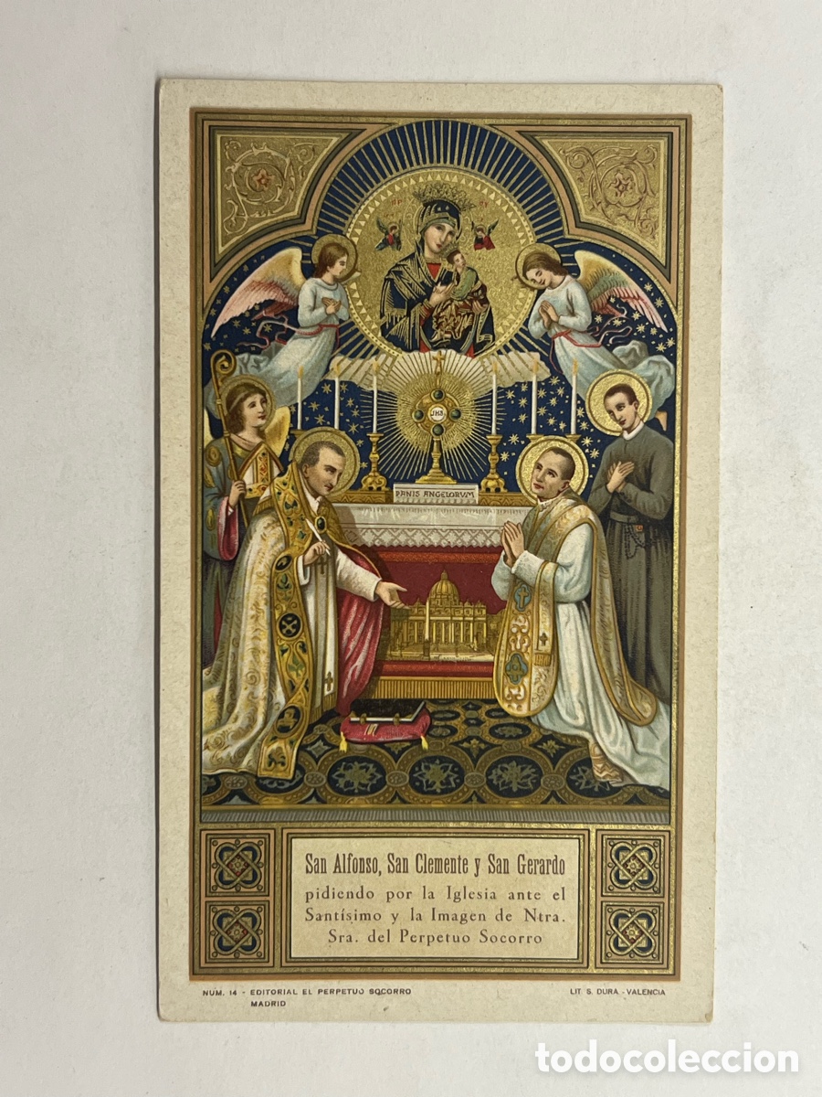 Postales: ESTAMPA ANTIGUA.. San Alfonso, San Clemente y San Gerardo pidiendo por la Iglesia ante el Sant&iacute;simo