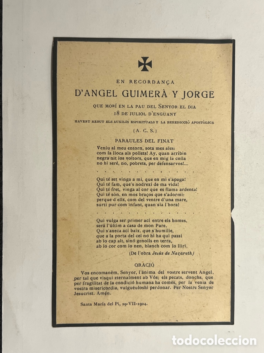 Postales: EN RECORDAN&Ccedil;A D'ANGEL GUIMER&Agrave; Y JORGE. Barcelona Santa Mar&iacute;a del Pi, 29-VII-1924.
