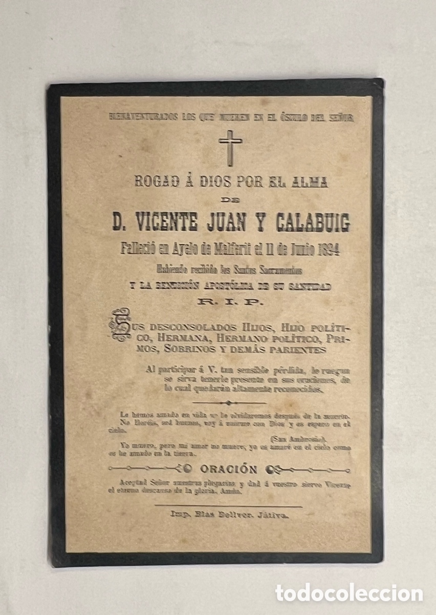Postales: AYELO DE MALFERIT.. Esquela recordatorio D. VICENTE JUAN Y CALABUIG (a.1894)