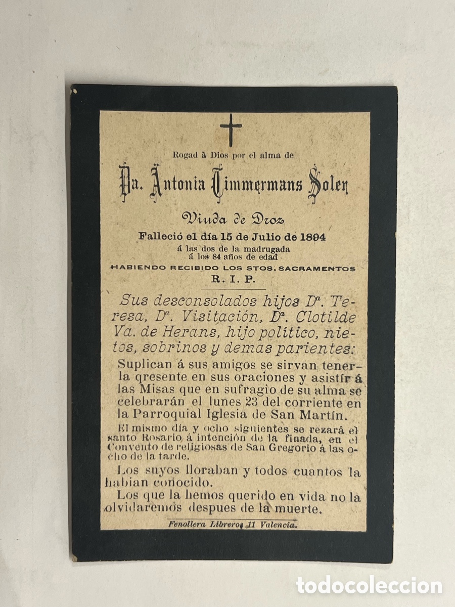 Postales: VALENCIA. Esquela recordatorio D&ntilde;a. Antonia Timmermans Soler, Viuda de Proz (a.1894)