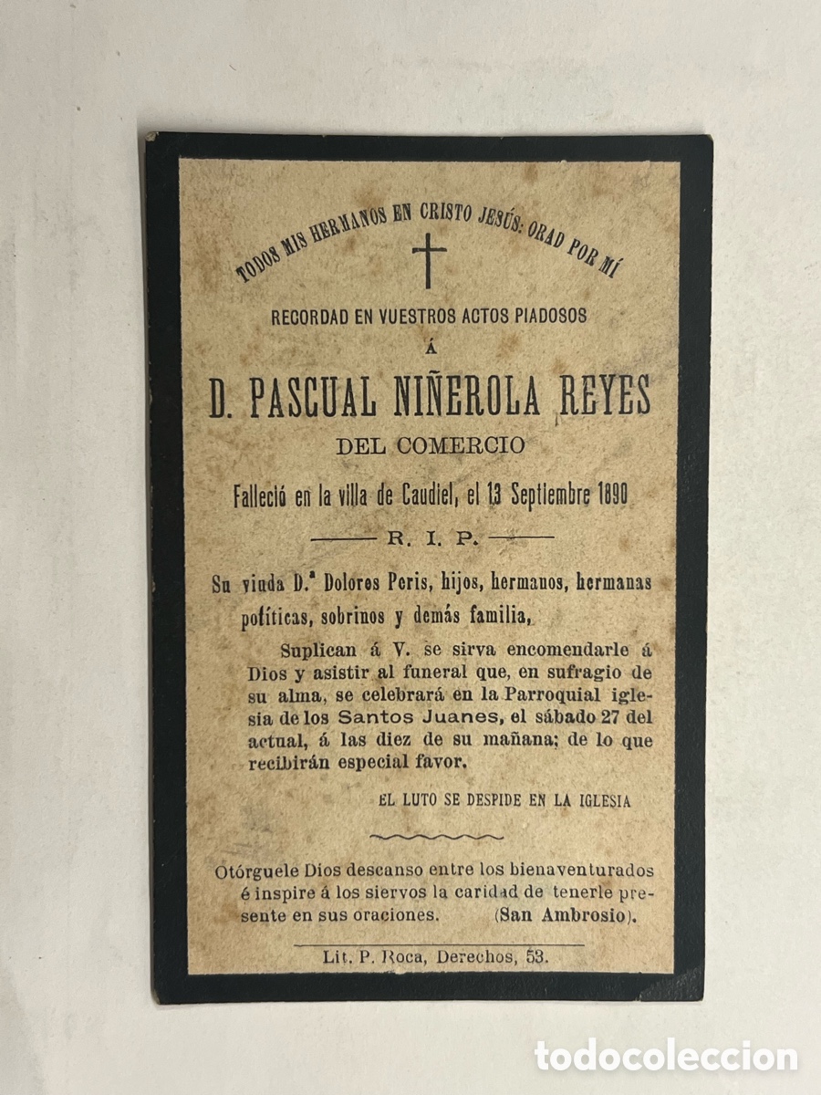Postales: CAUDIEL (Castell&oacute;n) Esquela D. PASCUAL NI&Ntilde;EROLA REYES.. del Comercio (a.1890)