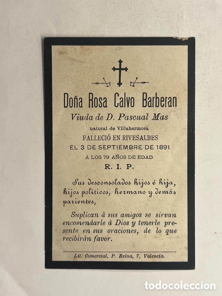 Postales: RIBESALBES, Castell&oacute;n.. Esquela Do&ntilde;a Rosa Calvo Barberan.. Viuda de D. Pascual Mas (a.1891)