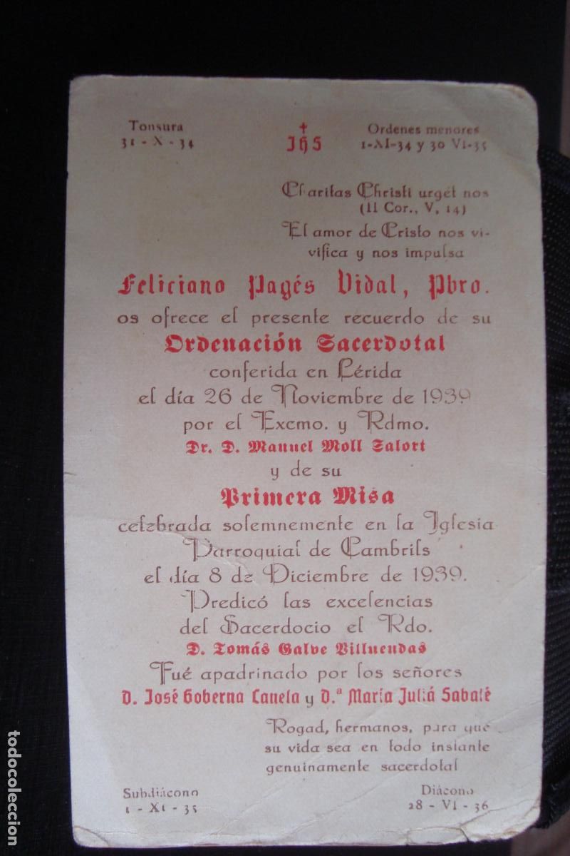 Postales: RECUERDO PRIMERA MISA FELICIANO PAGES VIDAL LERIDA 1939. MANUEL MOLL ZALORT. JOSE GOBERNA CANELA