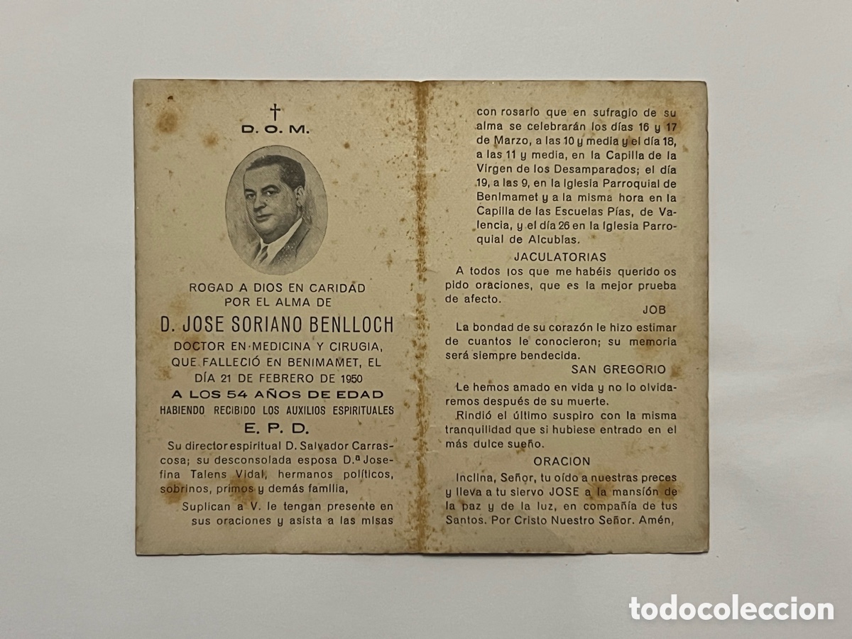 Cartes Postales: BENIMAMET, Valencia. Esquela D. Jos&eacute; Soriano Benlloch. Doctor en Medicina y Cirug&iacute;a (a.1950)