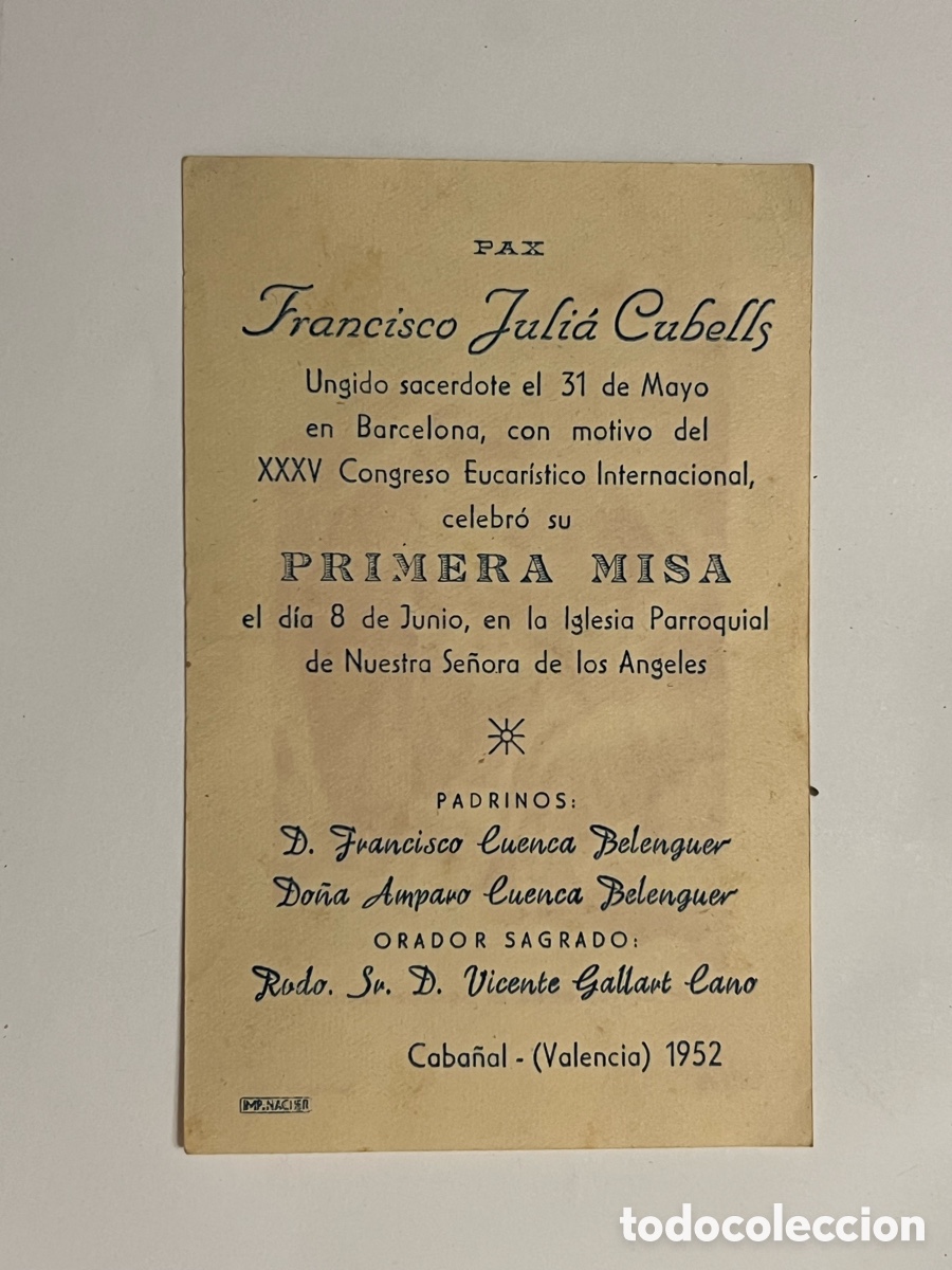 Postales: CABA&Ntilde;AL, Primera Misa Francisco Juli&aacute; Cubells. Iglesia Parroquial Ntra Sra de Los &Aacute;ngeles (a.1952)
