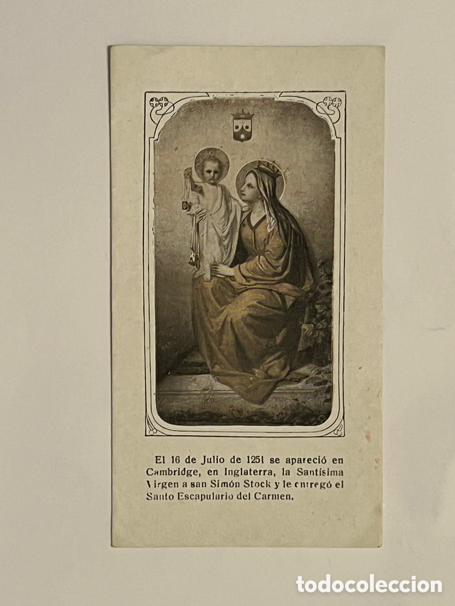 Postales: la Santisima Virgen a san Sim&oacute;n Stock y le cntreg&oacute; el Santo Escapulario del Carmen.