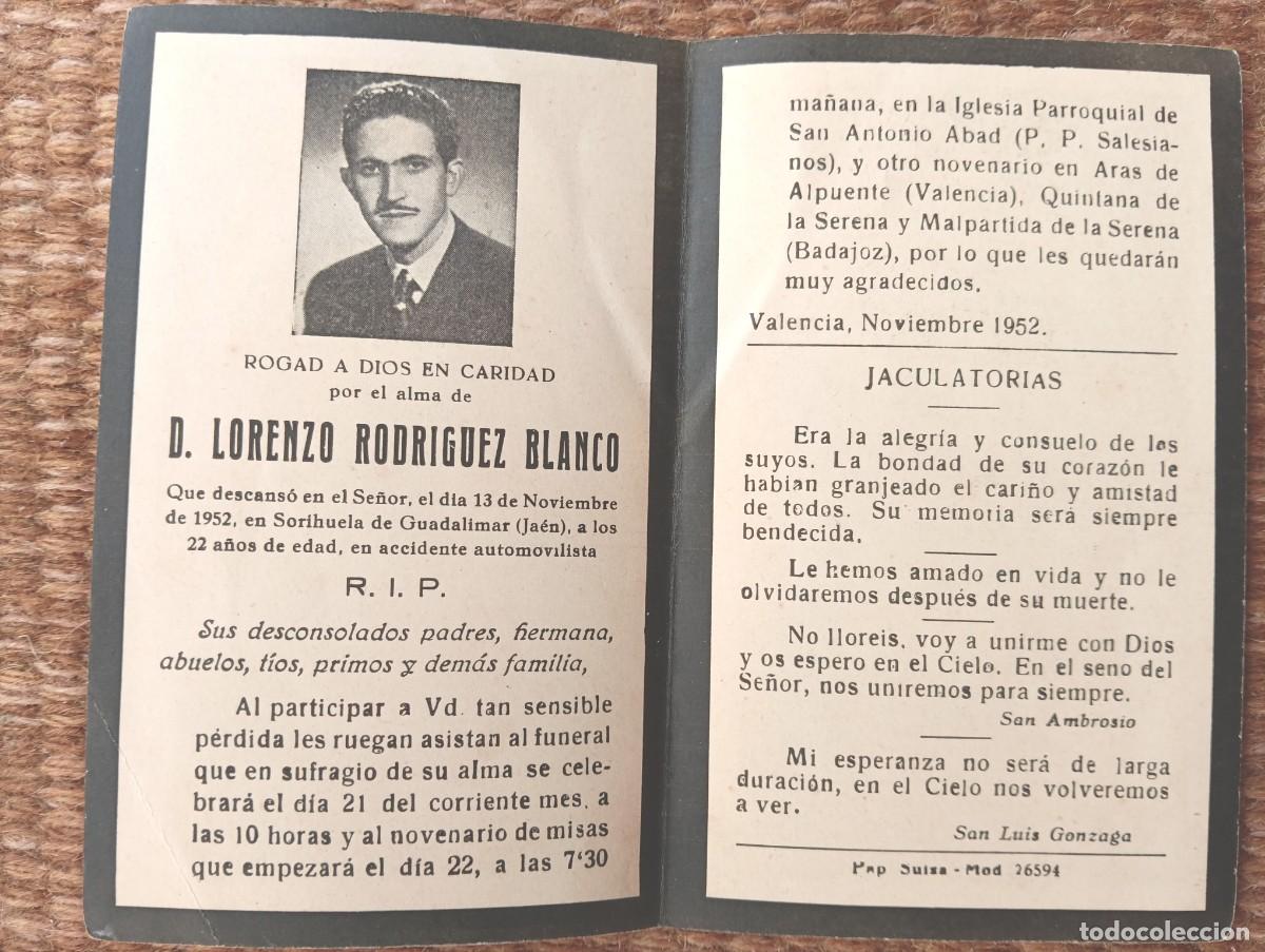Postales: SORIHUELA DE GUADALIMAR - JAEN - IN MEMORIAN FALLECIDO EN ACCIDENTE AUTOMOVILISTA 1952 - ESQUELA