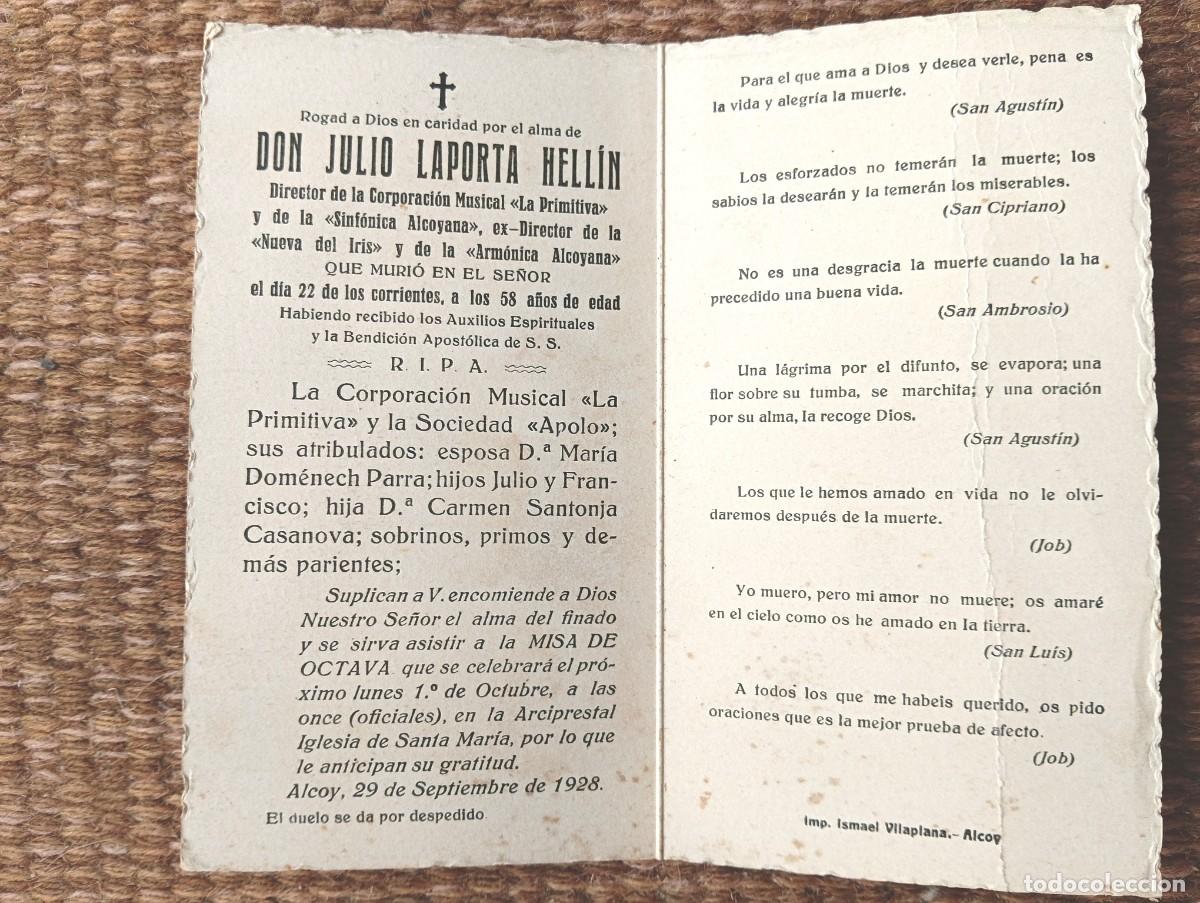 Postales: ALCOY - IN MEMORIAN DIRECTOR CORP. MUSICAL LA PRIMITIVA Y LA SINFONICA ALCOYANA 1928 - ESQUELA