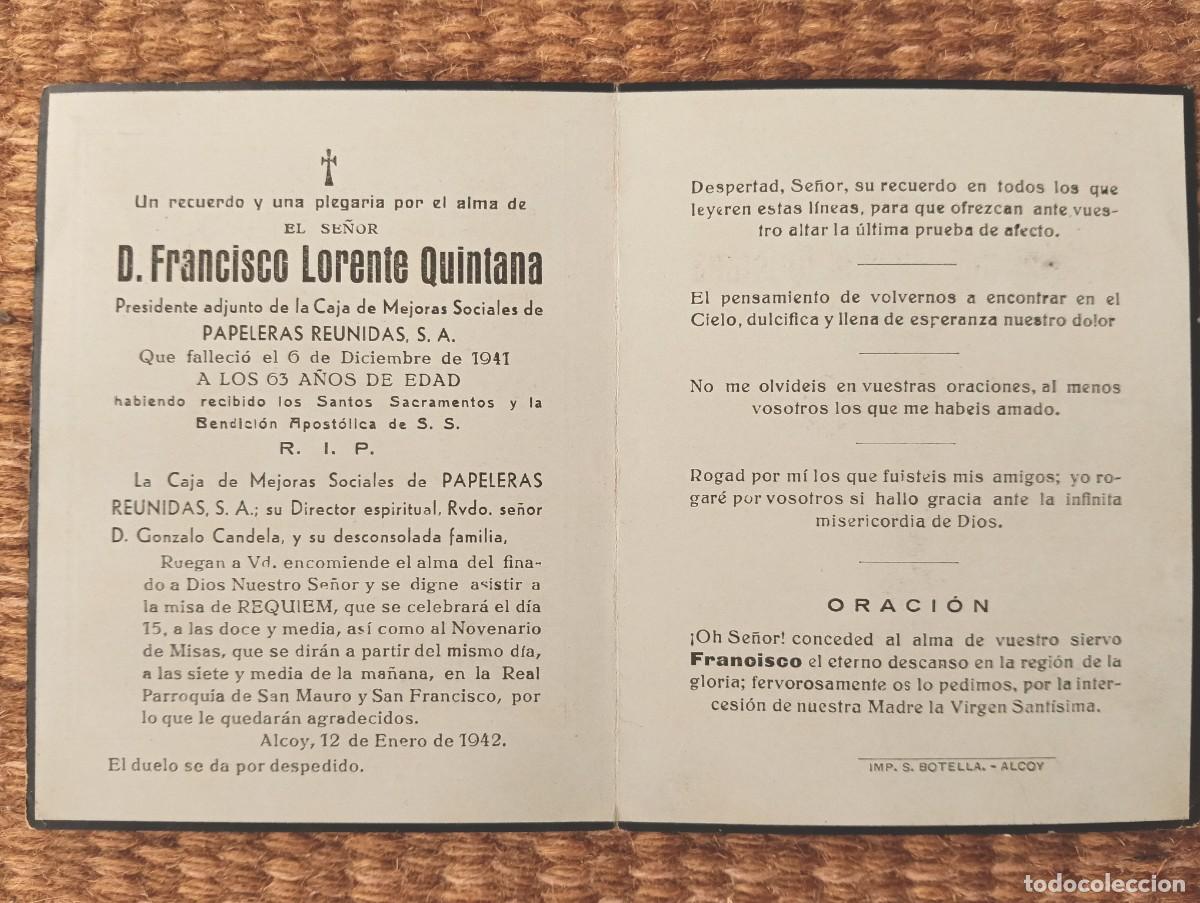 Postales: ALCOY - ALICANTE - IN MEMORIAN PRESIDENTE PAPELERAS REUNIDAS FALLECIDO EN 1941 - ESQUELA