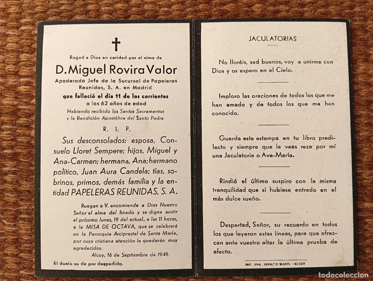 Postales: ALCOY - ALICANTE - IN MEMORIAN APODERADO JEFE PAPELERAS REUNIDAS FALLECIDO EN 1949 - ESQUELA