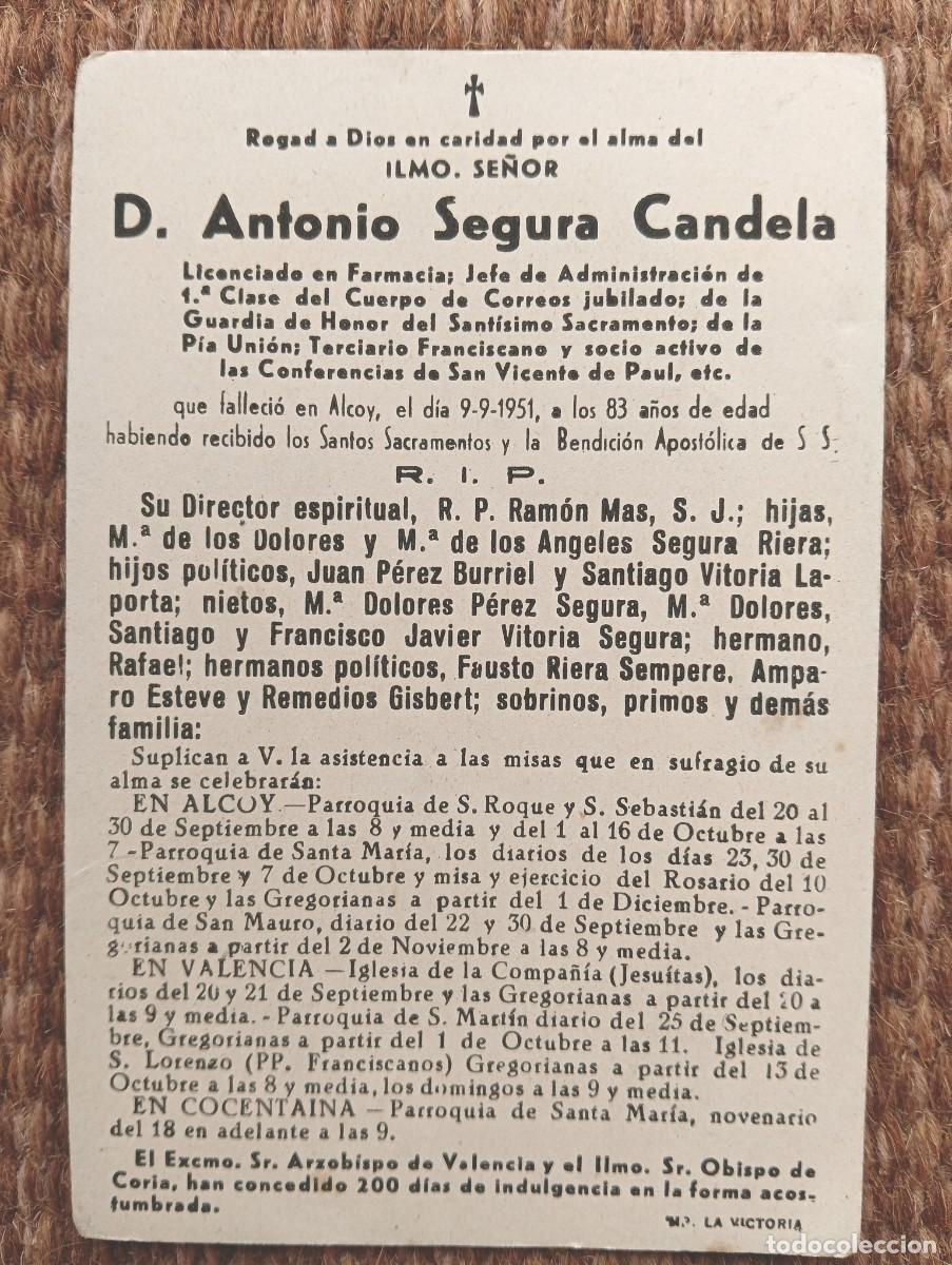 Postales: ALCOY - ALICANTE - IN MEMORIAN LICENCIADO EN FARMACIA, JEFE CUERPO CORREOS 1951 - ESQUELA