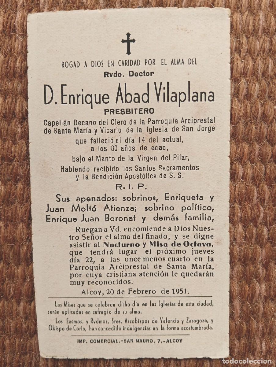 Postales: ALCOY - ALICANTE - IN MEMORIAN PRESBITERO FALLECIDO EN 1951 - ESQUELA