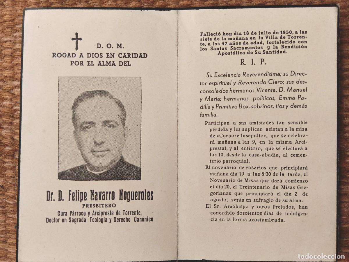Postales: TORRENTE - VALENCIA - IN MEMORIAN PRESBITERO FALLECIDO EN 1950 - ESQUELA