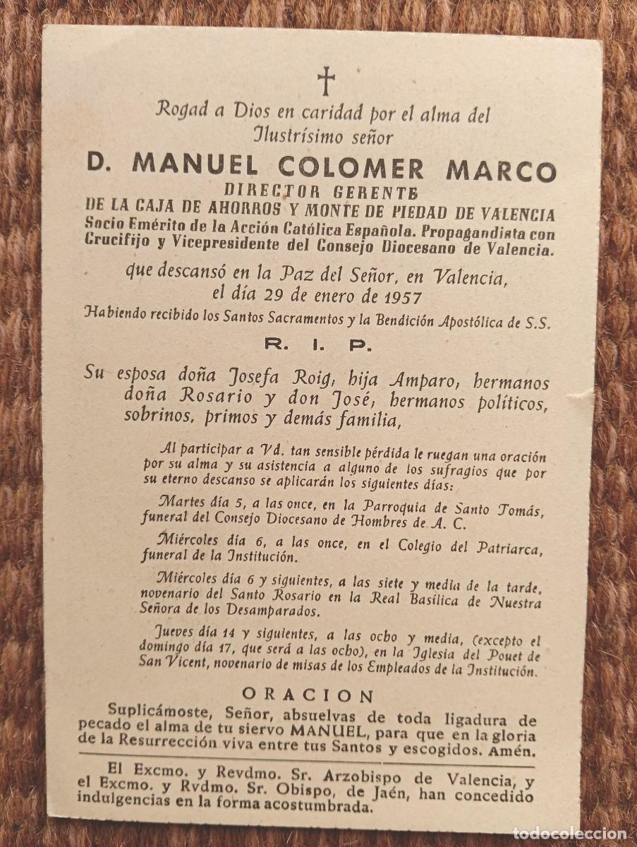 Postales: VALENCIA - IN MEMORIAN DIRECTOR CAJA AHORROS Y MONTE PIEDAD VALENCIA FALLECIDO EN 1957 - ESQUELA