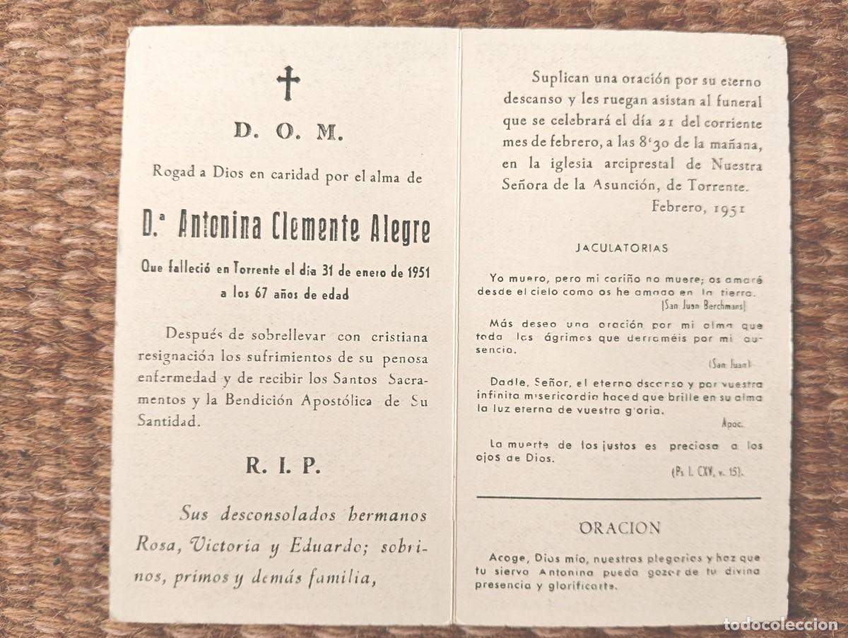 Postales: TORRENTE - VALENCIA - IN MEMORIAN FALLECIDA EN 1951 - ESQUELA