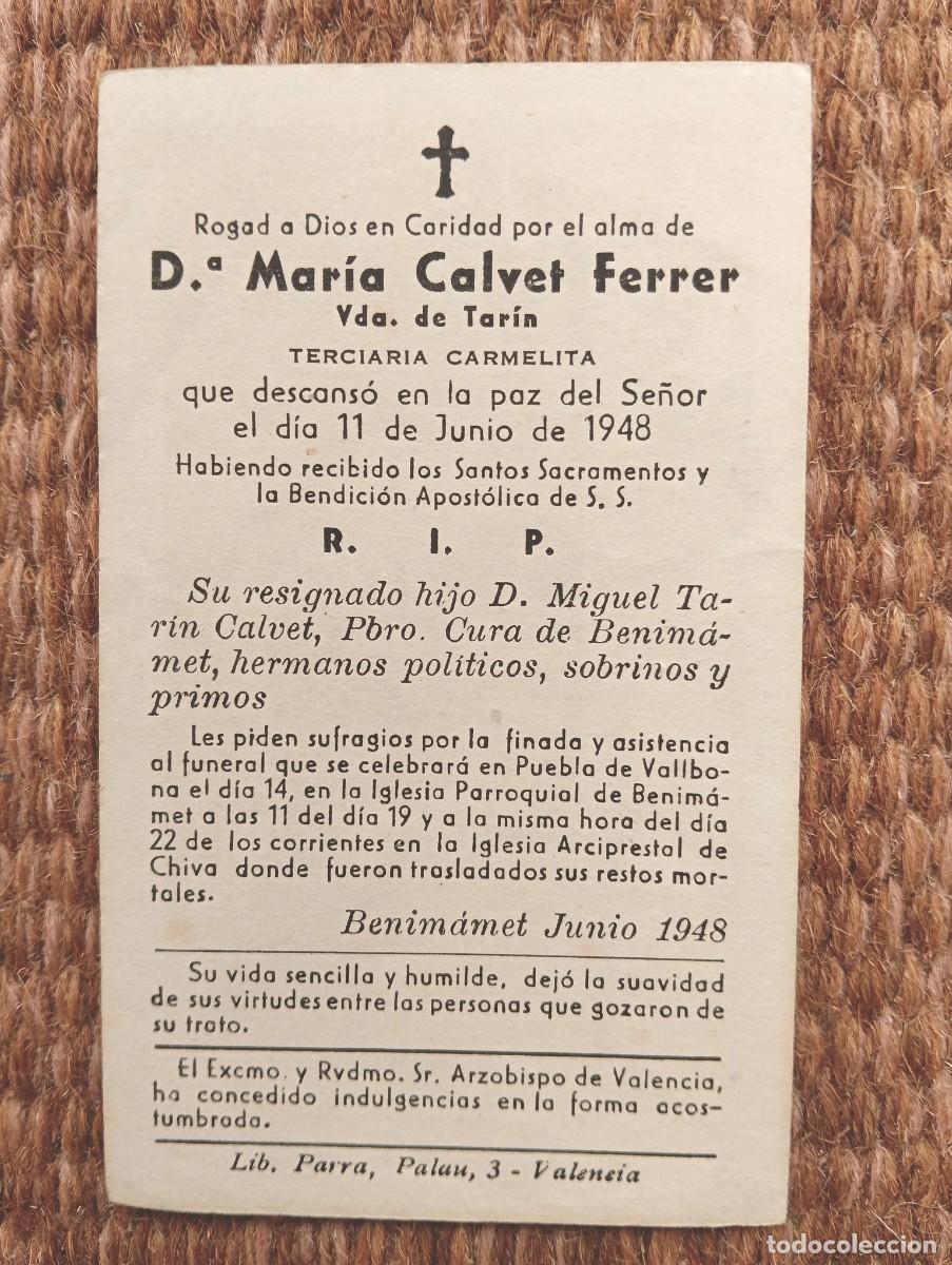 Postales: BENIMAMET - VALENCIA - IN MEMORIAN TERCIARIA CARMELITA FALLECIDA EN 1948 - ESQUELA