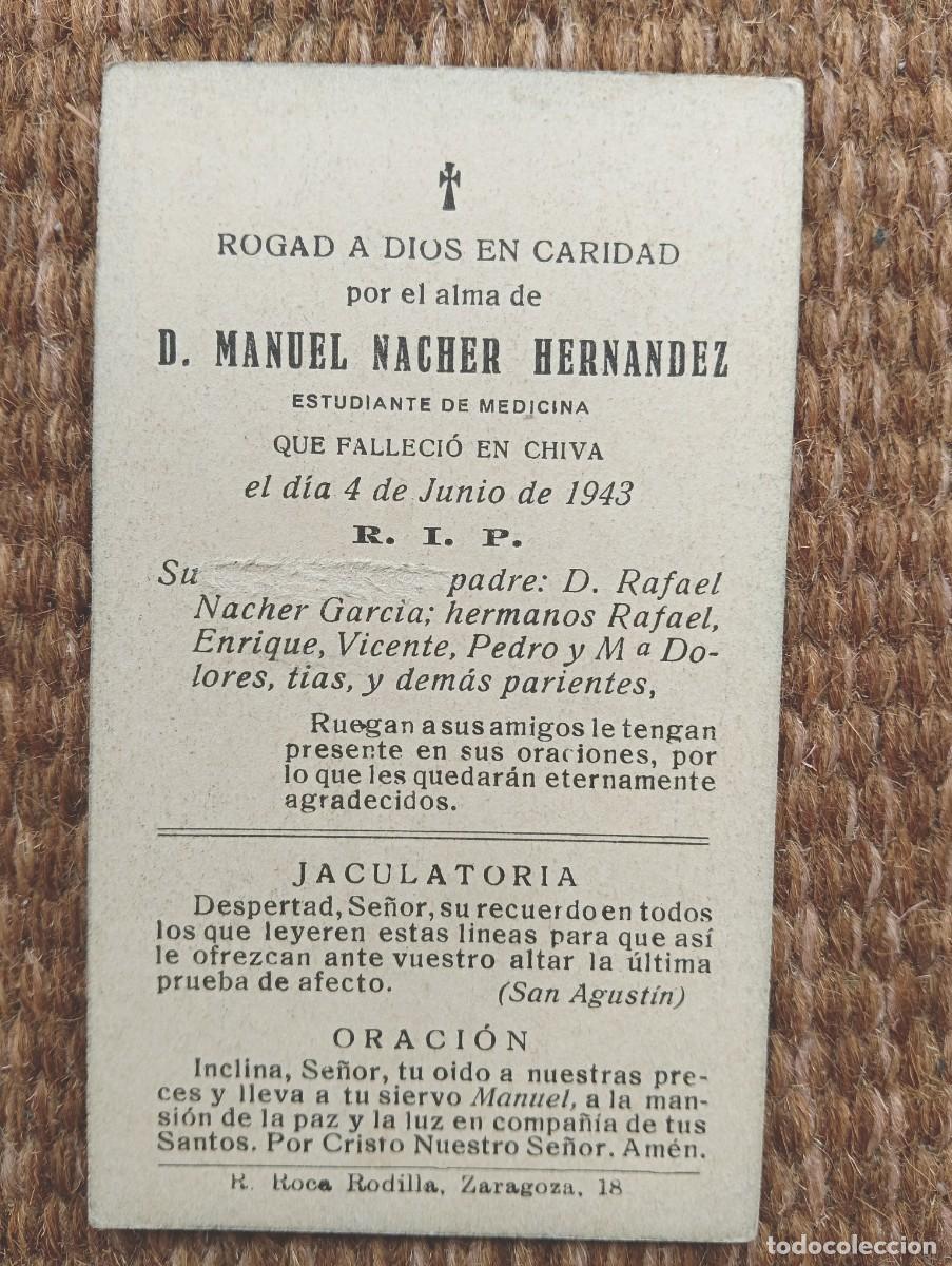 Postales: CHIVA - VALENCIA - IN MEMORIAN ESTUDIANTE DE MEDICINA FALLECIDO EN 1943 - ESQUELA