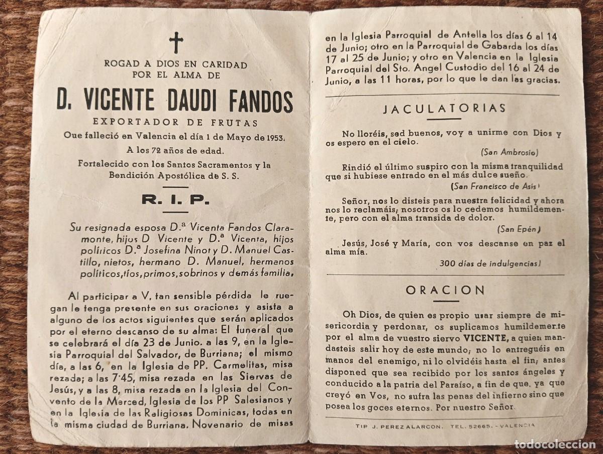 Postales: VALENCIA - IN MEMORIAN EXPORTADOR DE FRUTAS FALLECIDO EN 1953 - ESQUELA