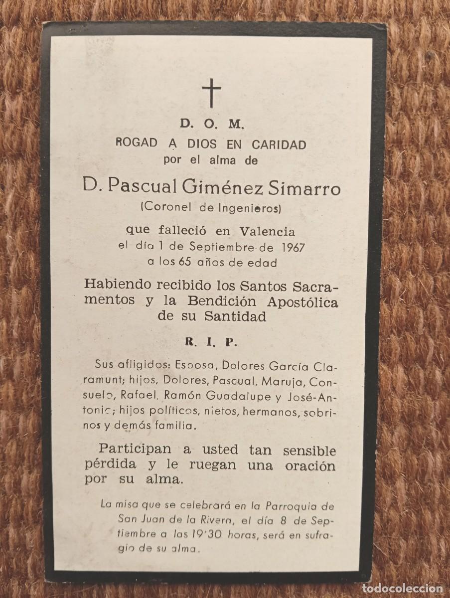 Postales: VALENCIA - IN MEMORIAN CORONEL DE INGENIEROS FALLECIDO EN 1967 - ESQUELA