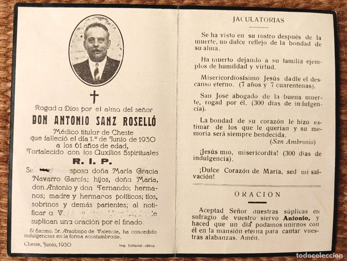 Postales: CHESTE - VALENCIA - IN MEMORIAN MEDICO FALLECIDO EN 1930 - ESQUELA