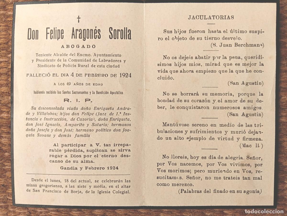 Postales: GANDIA - VALENCIA - ESQUELA TENIENTE ALCALDE Y PRESIDENTE SINDICATO POLICIA RURAL Y COM. LABRAD 1924