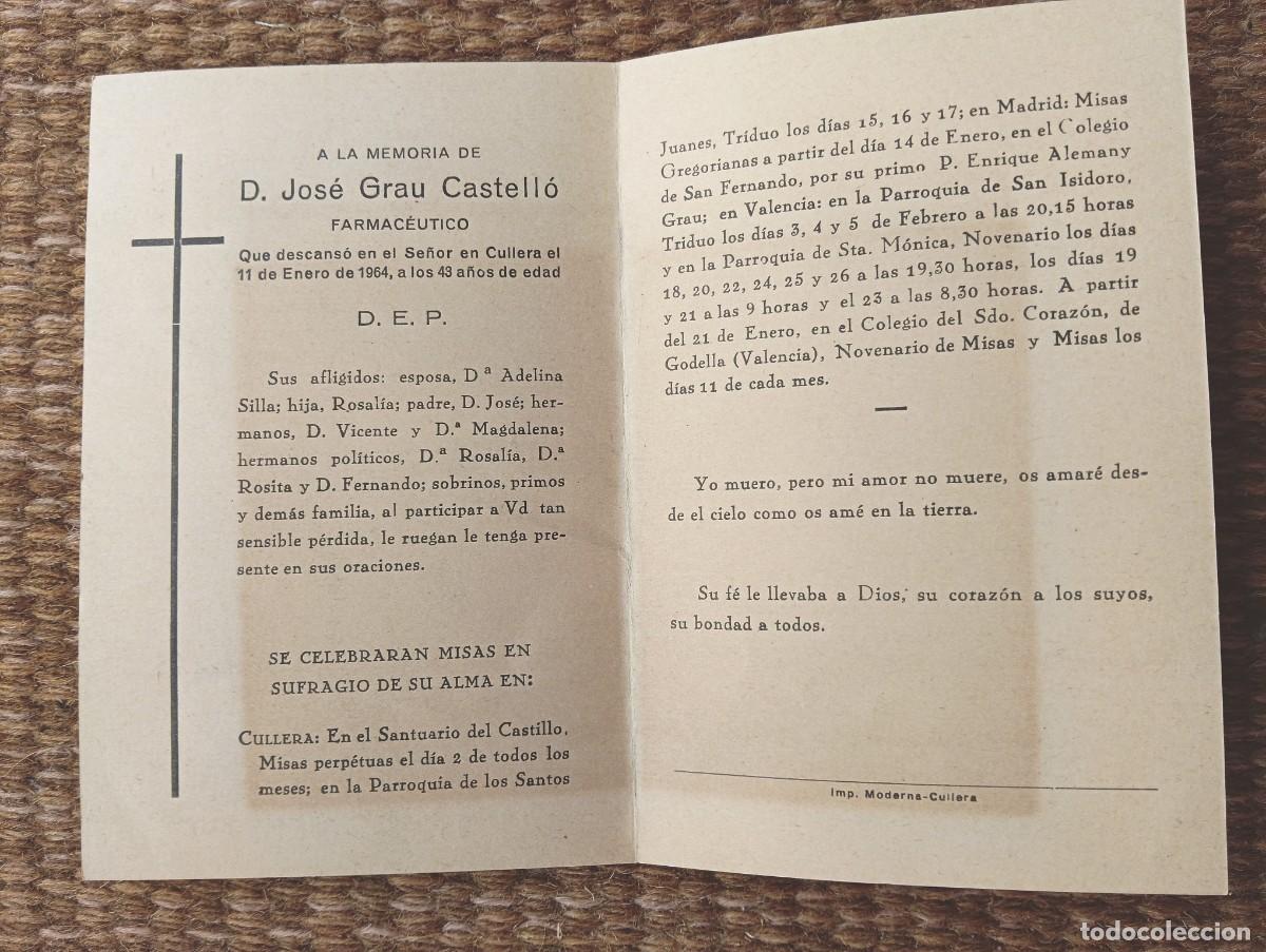 Postales: CULLERA - VALENCIA - IN MEMORIAN FARMACEUTICO FALLECIDO EN 1964 - ESQUELA