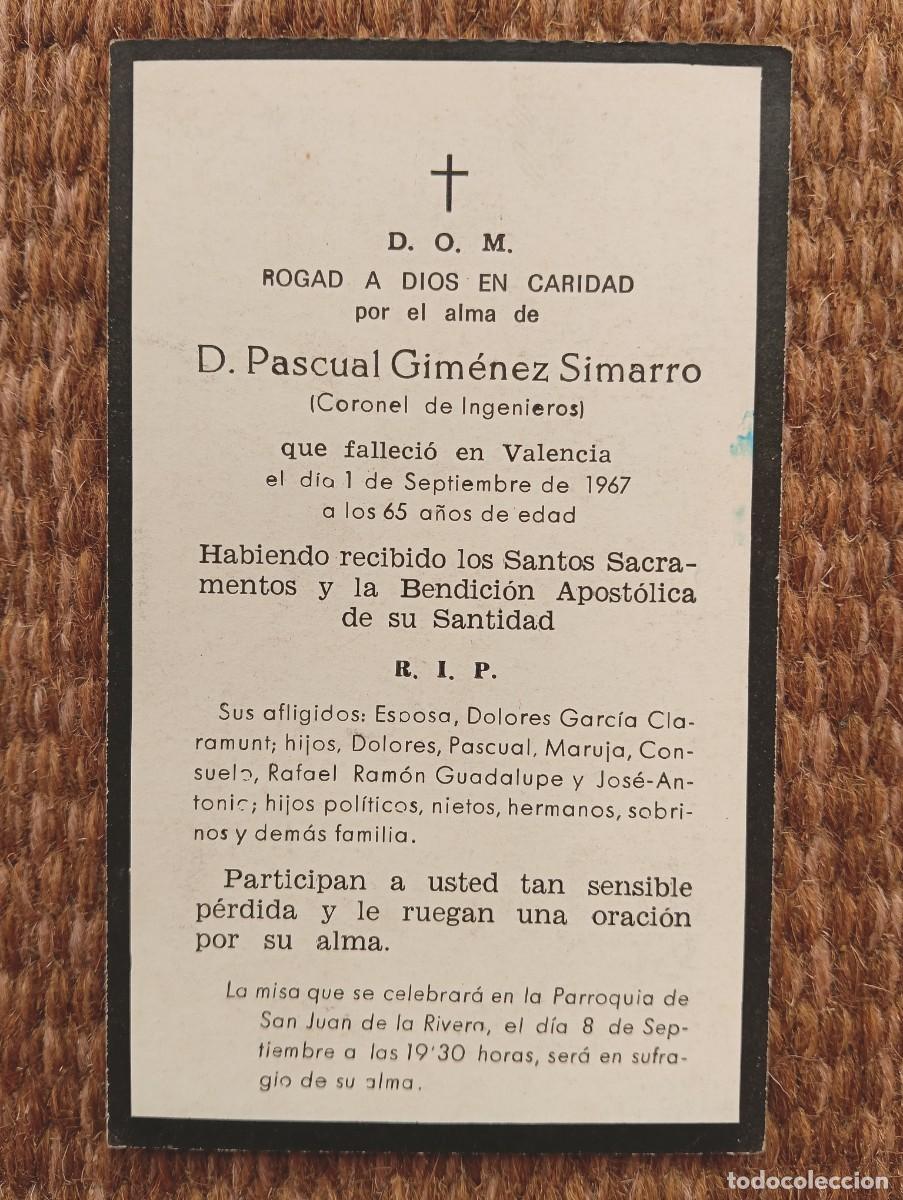 Postales: VALENCIA - IN MEMORIAN CORONEL DE INGENIEROS FALLECIDO EN 1967 - ESQUELA