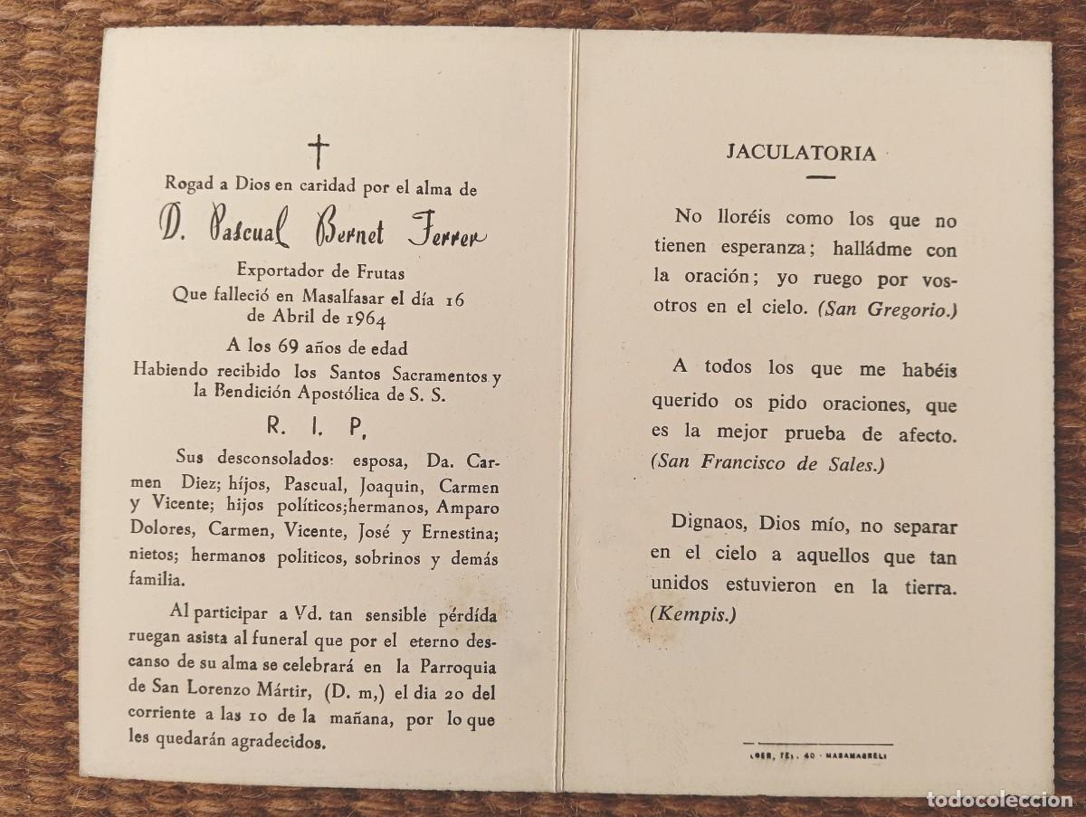 Postales: MASALFASAR - VALENCIA - IN MEMORIAN EXPORTADOR DE FRUTAS FALLECIDO EN 1964 - ESQUELA