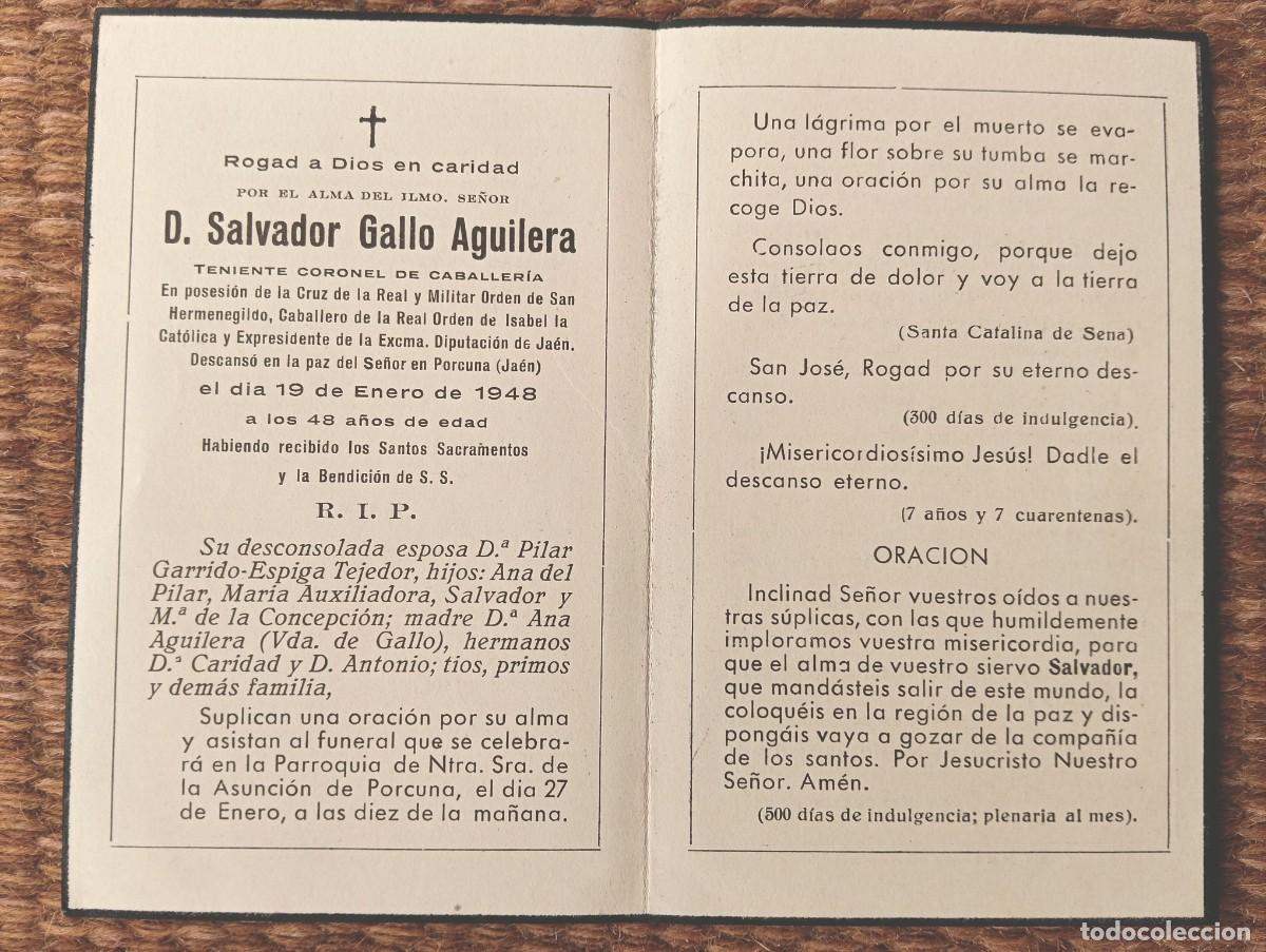 Postales: PORCUNA - JAEN - IN MEMORIAN TENIENTE CORONEL CABALLERIA CONDECORADO FALLECIDO EN 1948 - ESQUELA